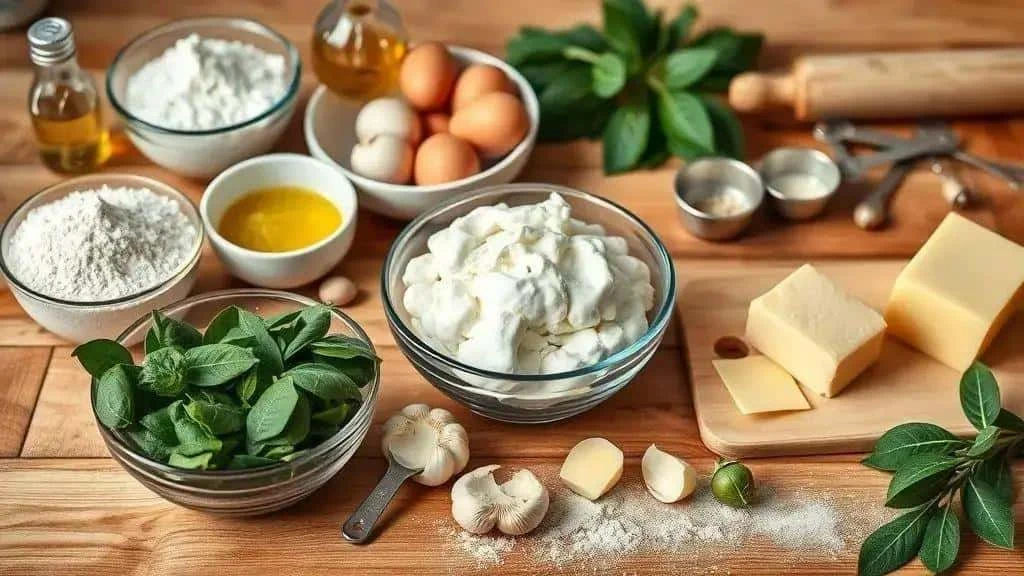 Flour eggs ricotta and spinach for vegetarian ravioli Flour eggs ricotta and spinach for vegetarian ravioli