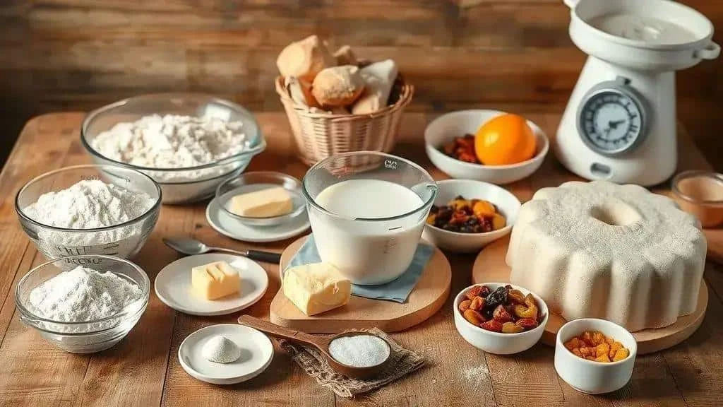 Flour, milk, butter and dried fruit for panettone