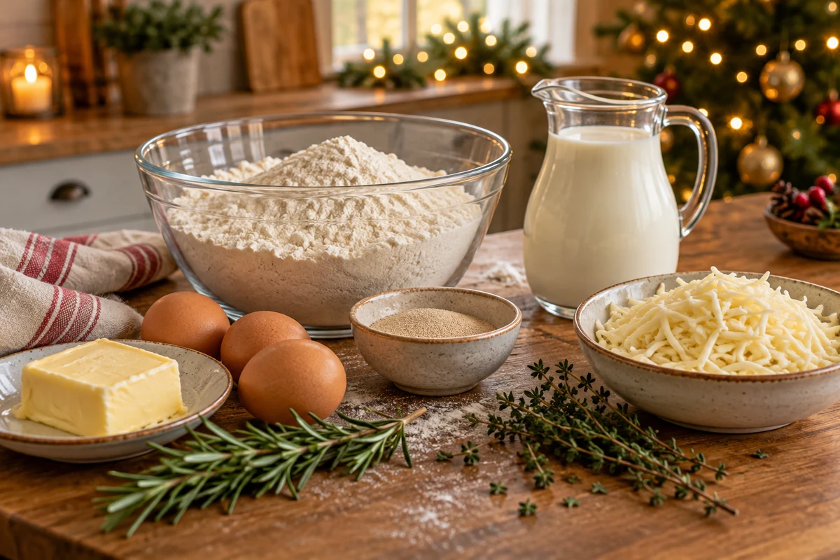 Flour, milk, cheese and herbs for Christmas bread