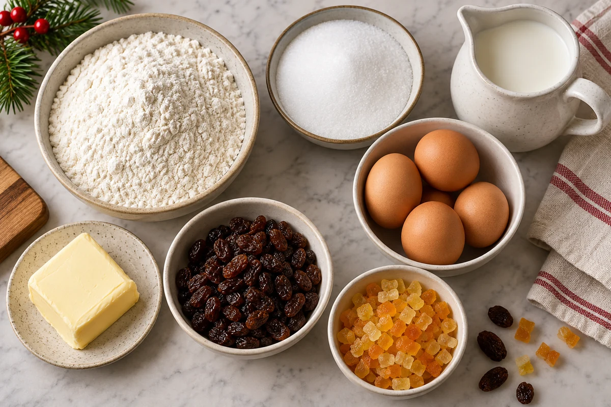 Flour sugar eggs milk butter and dried fruit in separate bowls