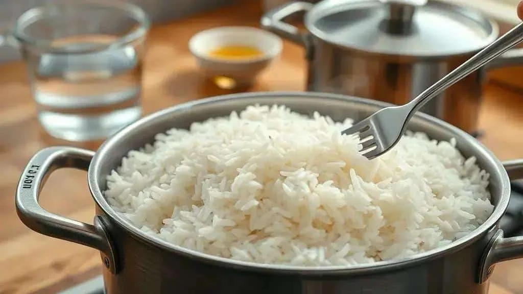 Fluffing cooked white rice with a fork Fluffing cooked white rice with a fork