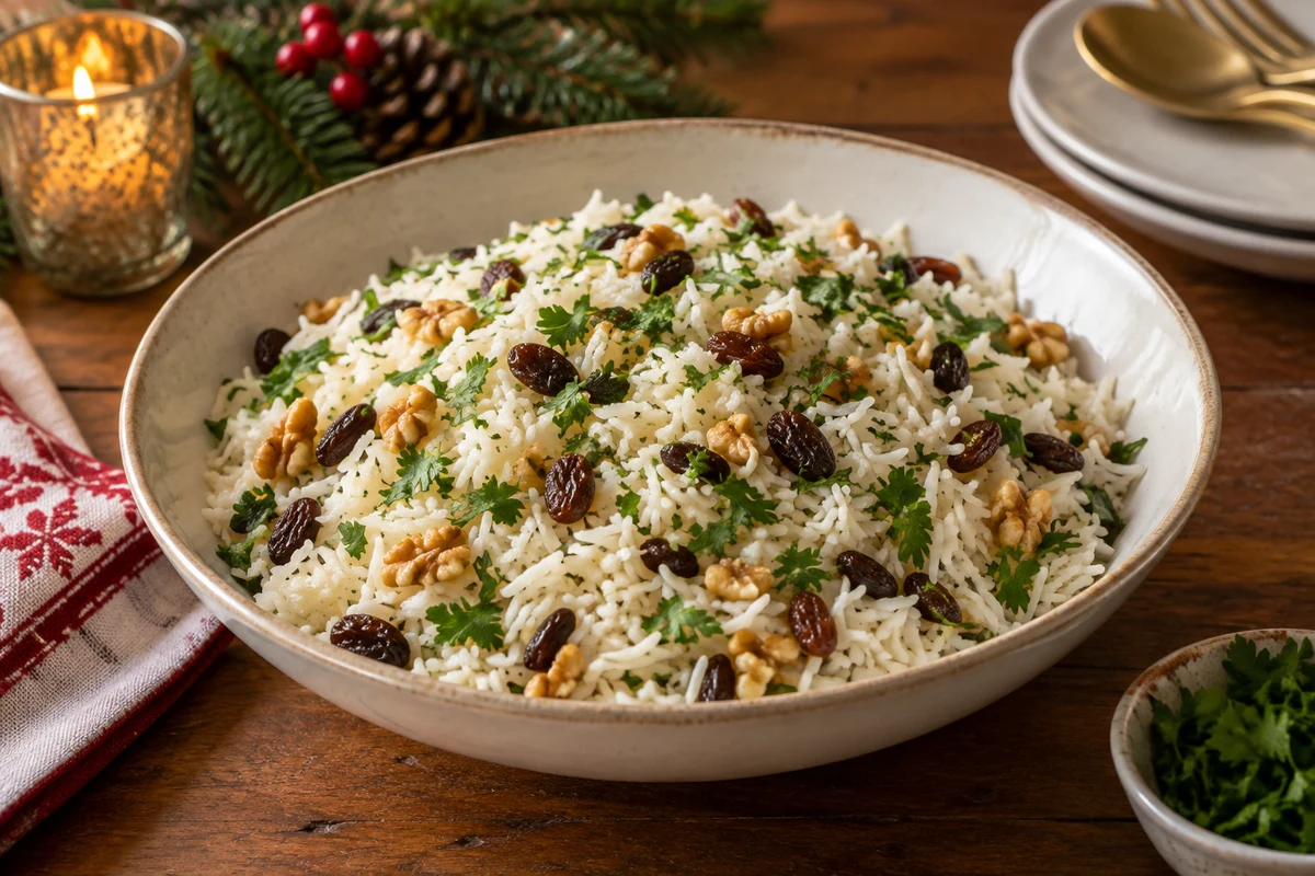 Fluffy white long-grain Christmas rice with small raisins, chopped toasted walnuts and parsley