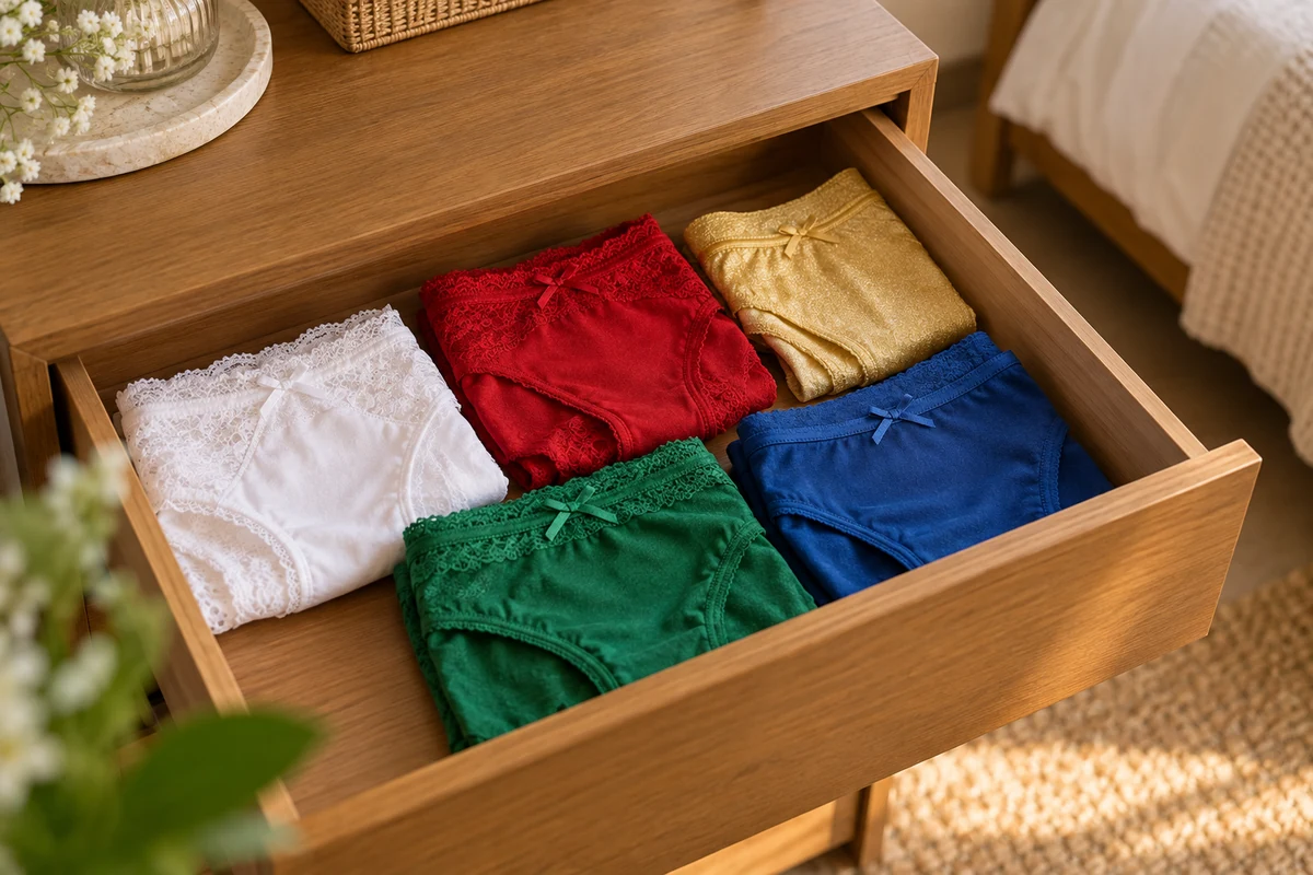 Folded colourful underwear organised in a drawer