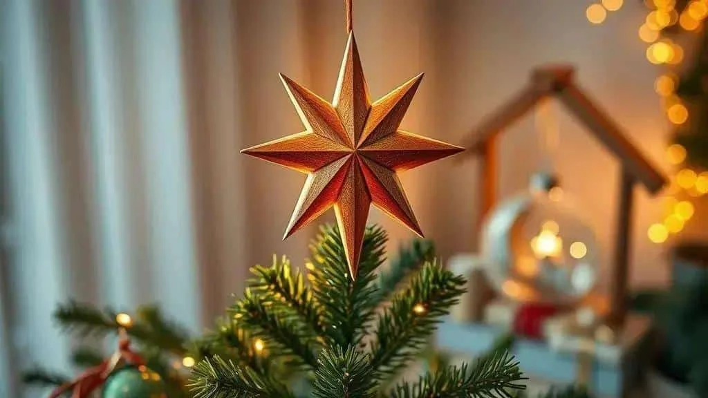 Folded golden star above a decorated Christmas tree
