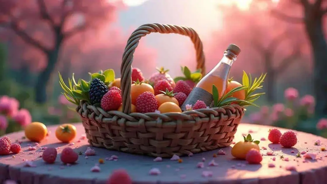 Food hamper with fruit and a bottle
