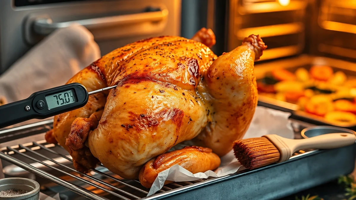 Food thermometer checking the thick meat of a roast chicken Food thermometer checking the thick meat of a roast chicken