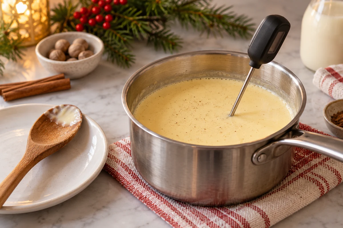 Food thermometer in cooked eggnog custard Food thermometer in cooked eggnog custard