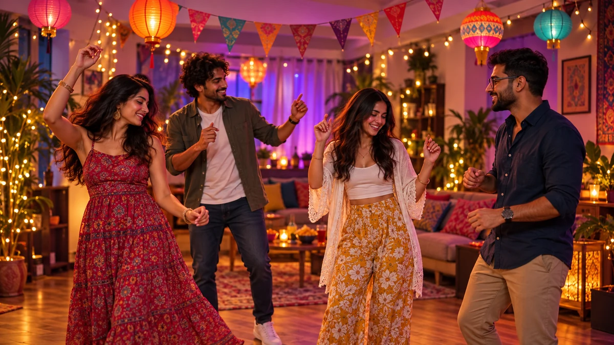 Four adults dancing at a Christmas gathering
