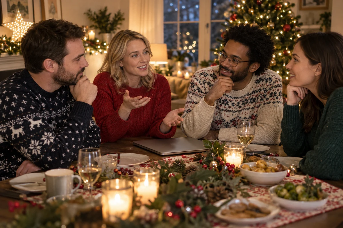 Four adults discussing a programme choice at a table