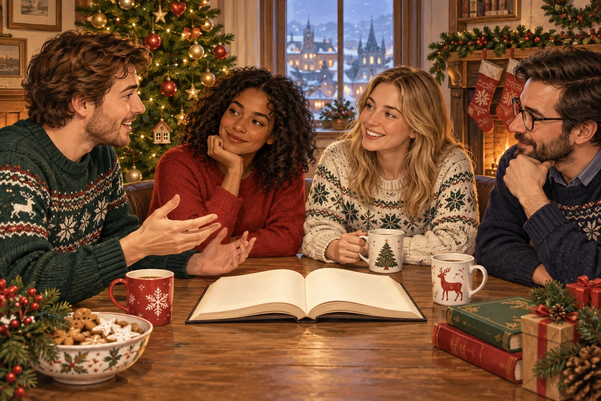 Four adults discussing books in a Christmas sitting room