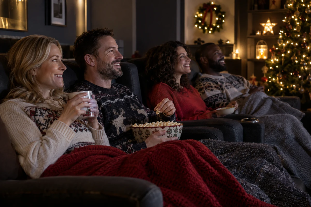 Four adults enjoying a Christmas film evening Four adults enjoying a Christmas film evening