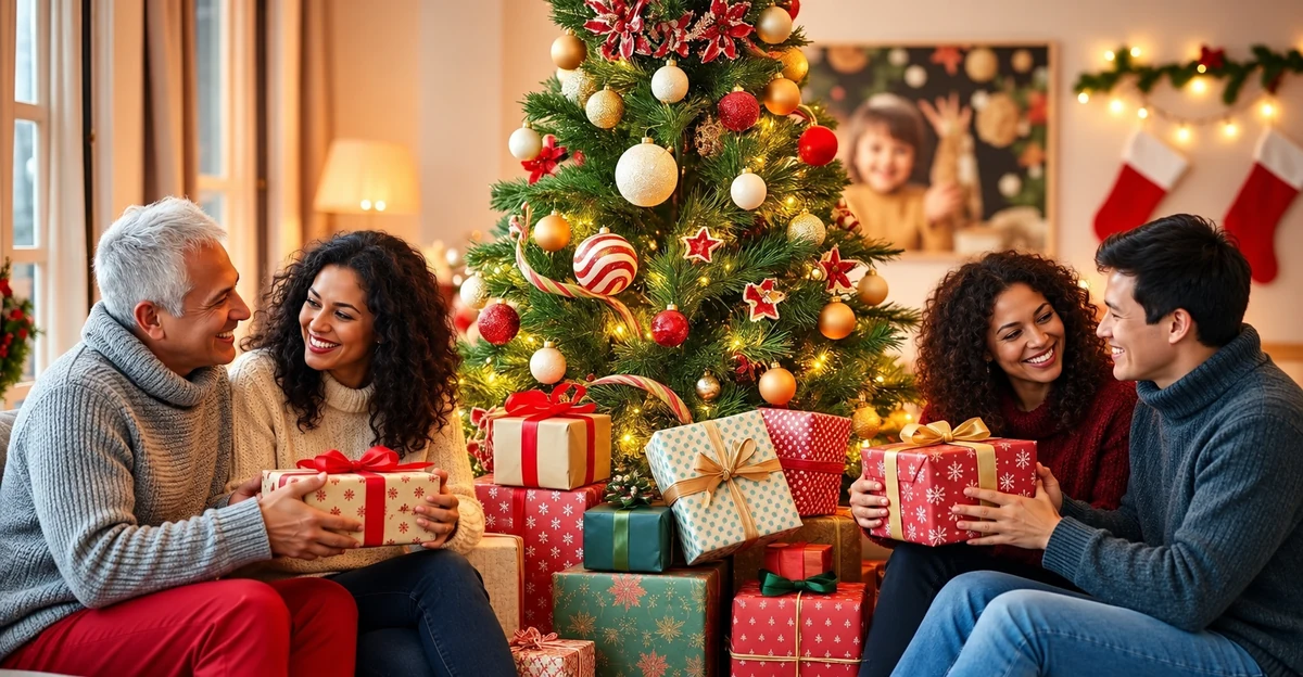 Four adults exchanging Christmas presents Four adults exchanging Christmas presents