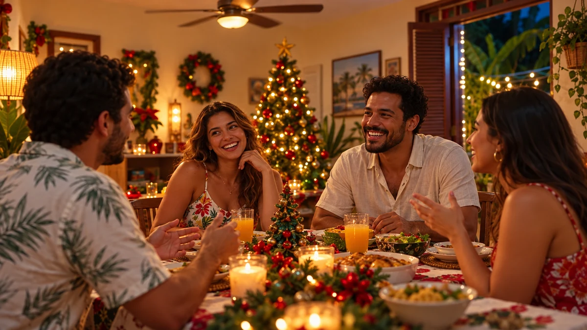 Four adults in summer clothes sharing a Brazilian Christmas meal Four adults in summer clothes sharing a Brazilian Christmas meal