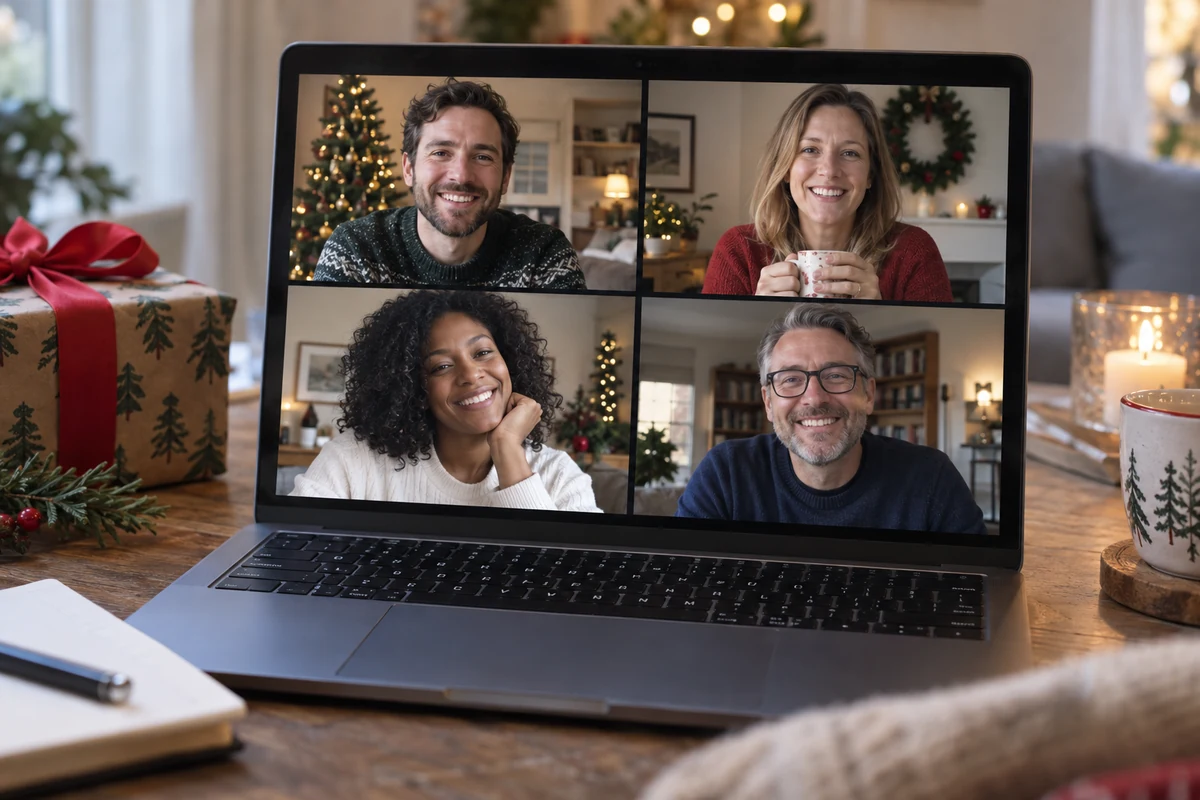 Four adults on a Christmas video call