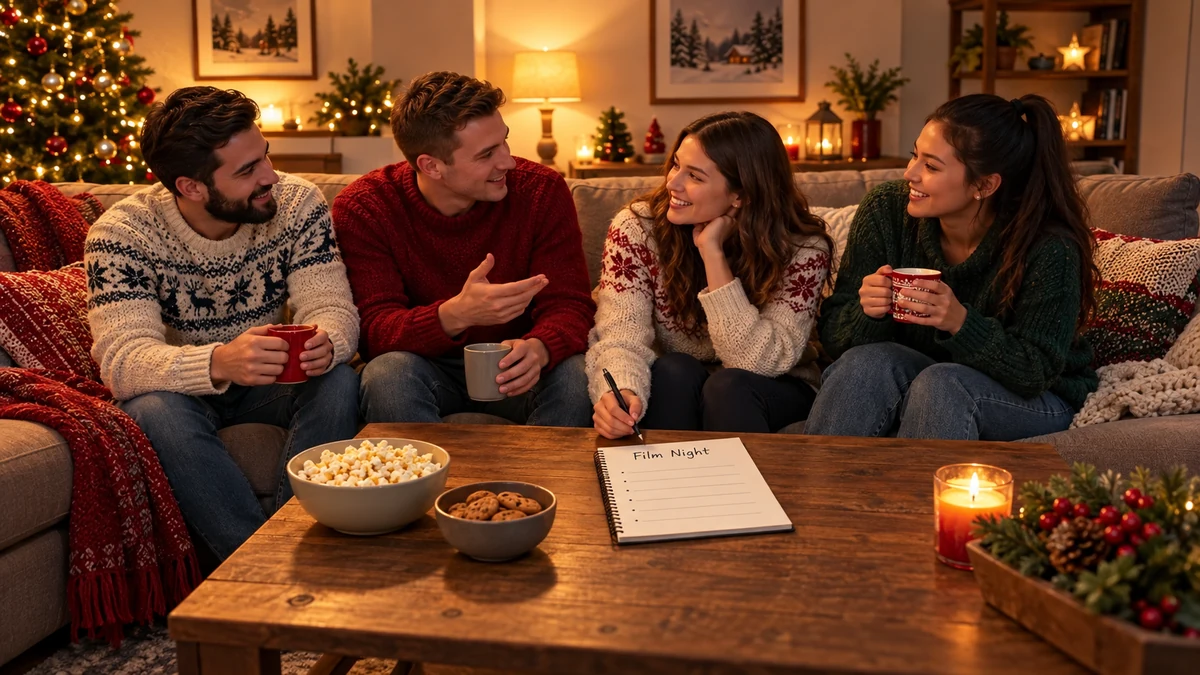 Four adults planning a film night with a notebook
