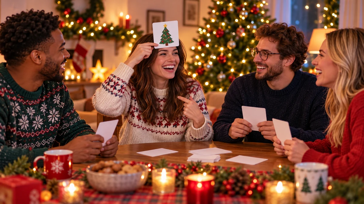 Four adults playing a Christmas picture-card game Four adults playing a Christmas picture-card game