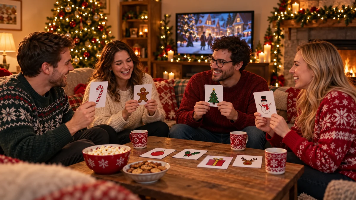 Four adults playing a festive picture-card quiz