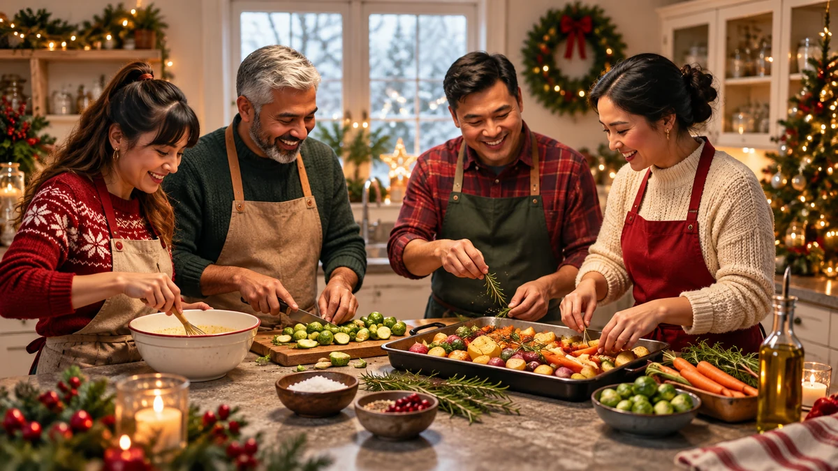 Four adults preparing vegetables together in a Christmas kitchen