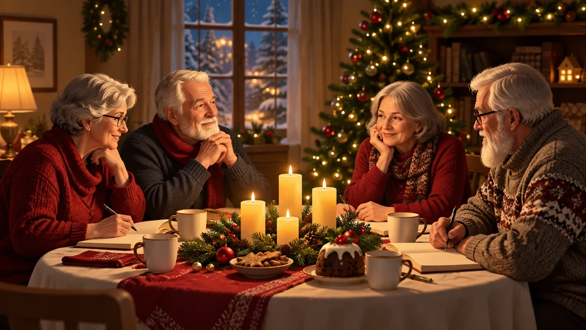 Four adults reflecting with notebooks around a Christmas table