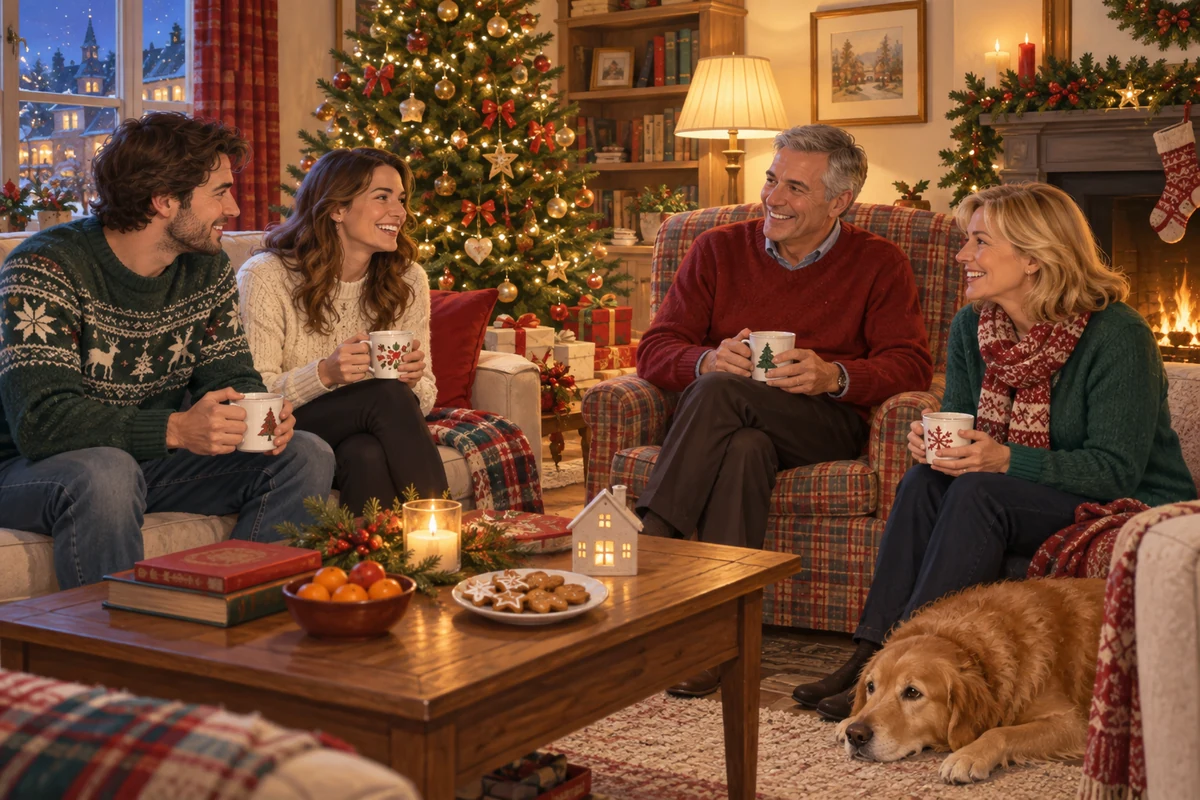 Four adults relaxing in a Christmas sitting room
