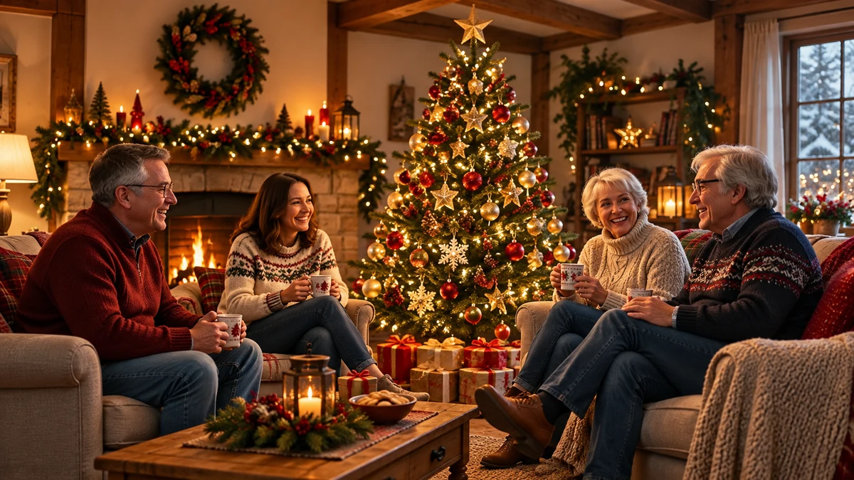 Four adults seated around a Christmas tree sharing conversation