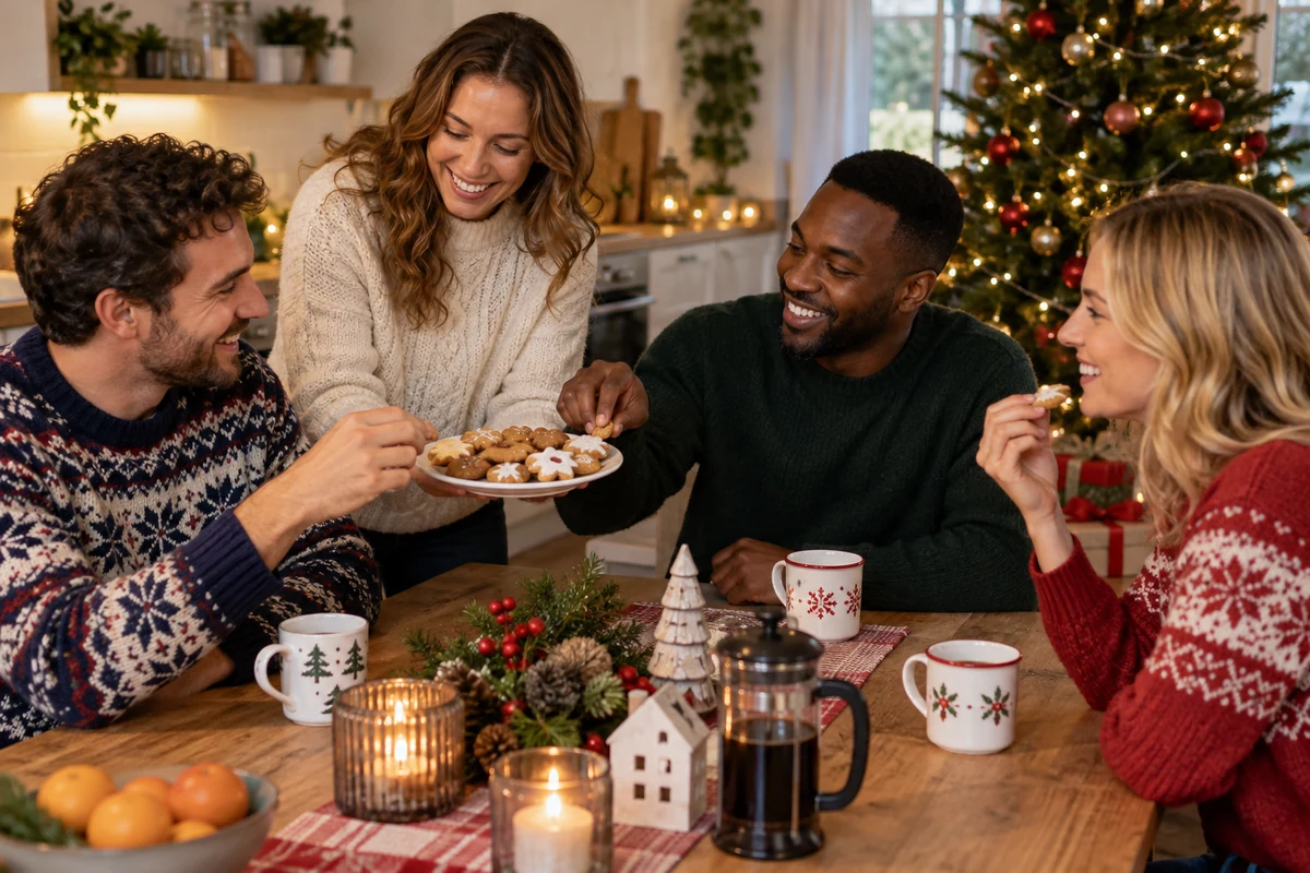 Four adults sharing biscuits in a festive sitting room
