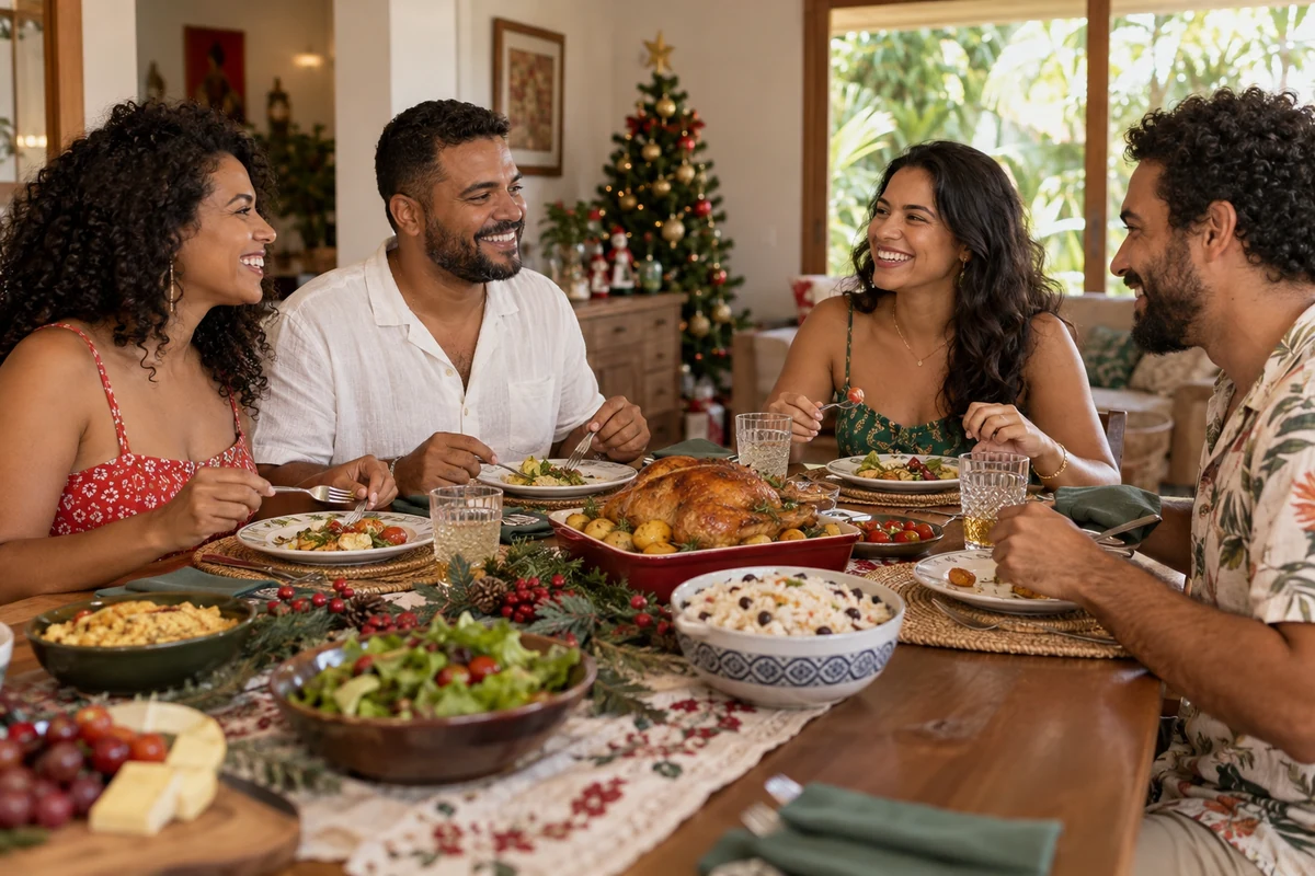 Four adults sharing Christmas dinner in a Brazilian home Four adults sharing Christmas dinner in a Brazilian home