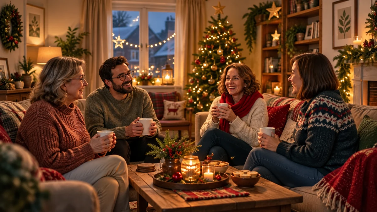 Four adults sharing conversation over mugs at Christmas Four adults sharing conversation over mugs at Christmas