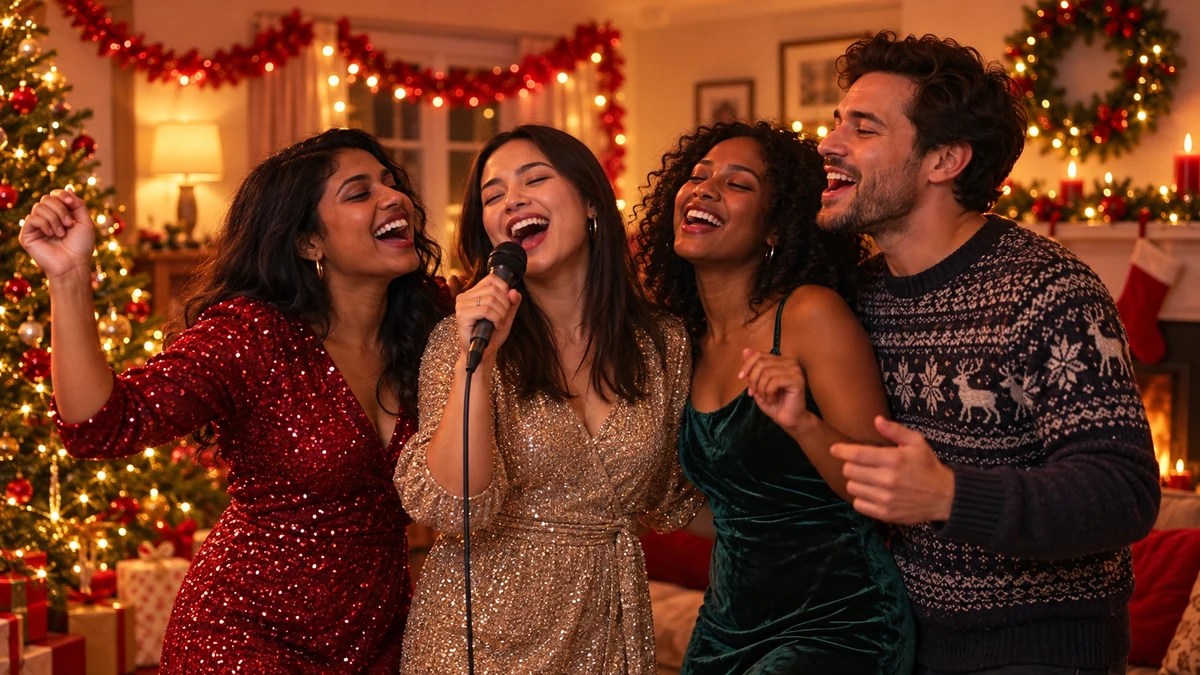 Four adults singing together in a Christmas sitting room