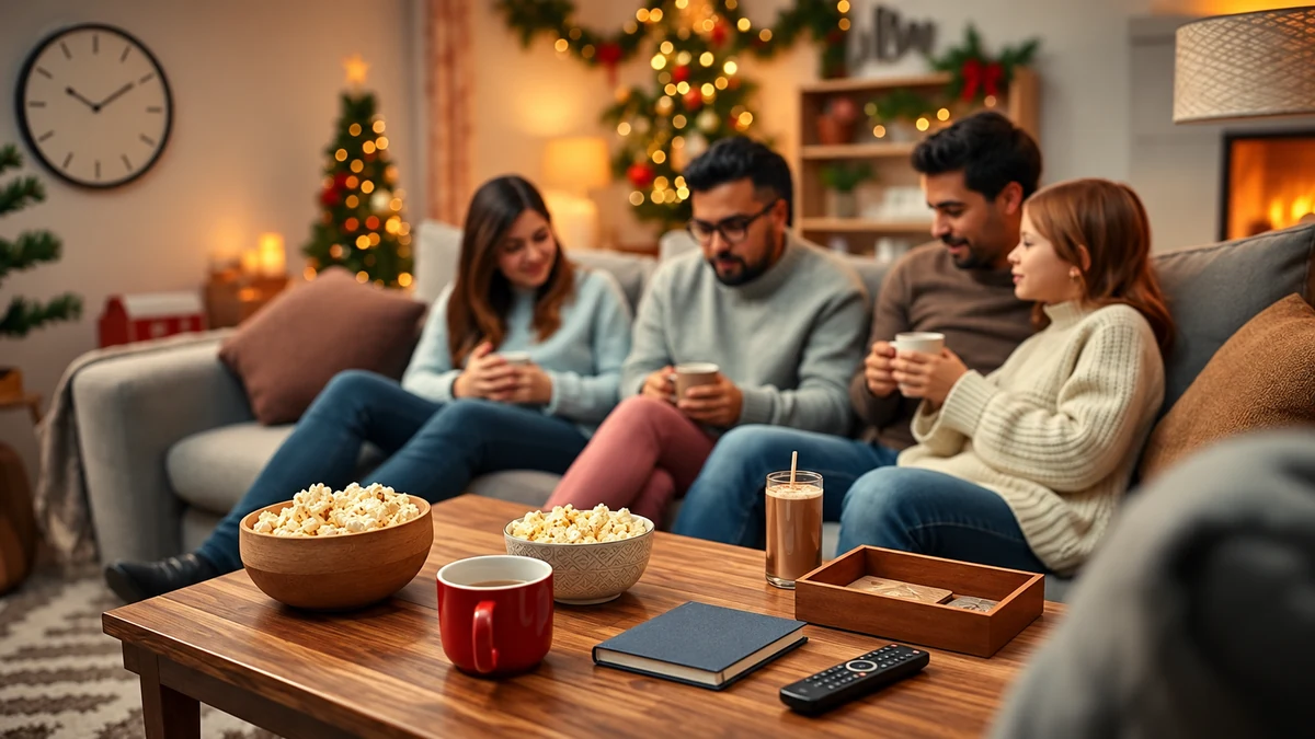 Four adults taking a break during a Christmas film night Four adults taking a break during a Christmas film night