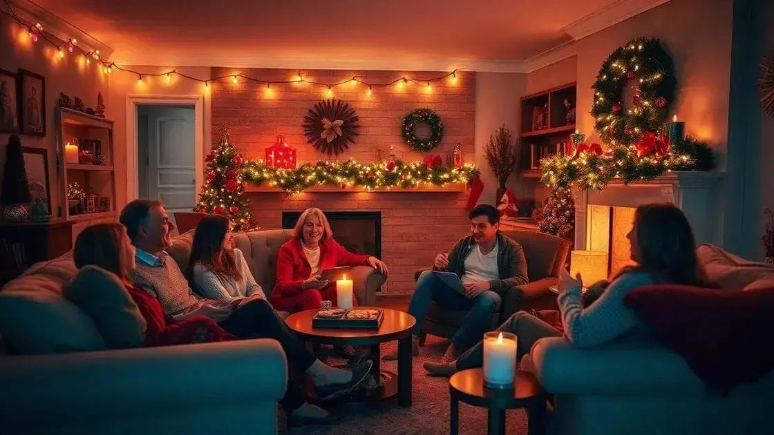 Four adults talking in a Christmas sitting room
