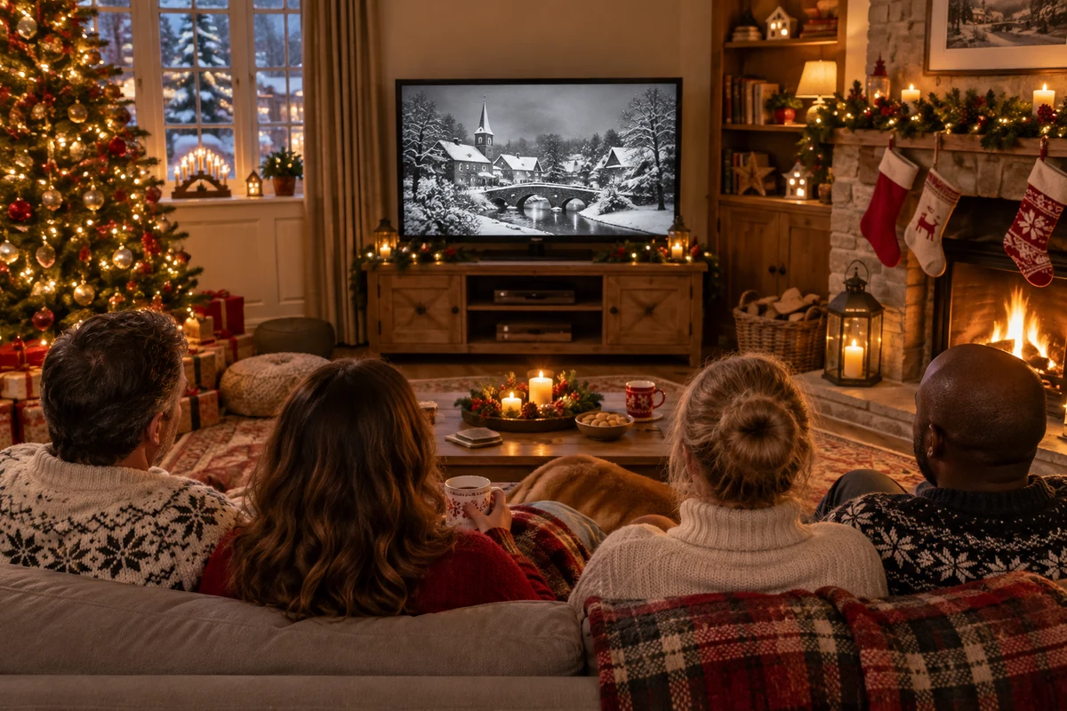 Four adults watching a black-and-white Christmas film