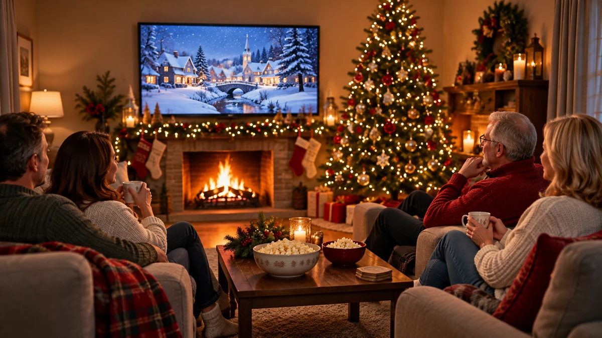 Four adults watching a snowy village on television Four adults watching a snowy village on television