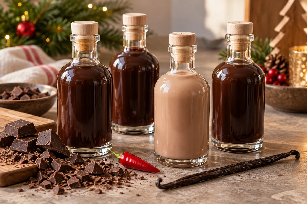 Four bottles of dark chocolate liqueur