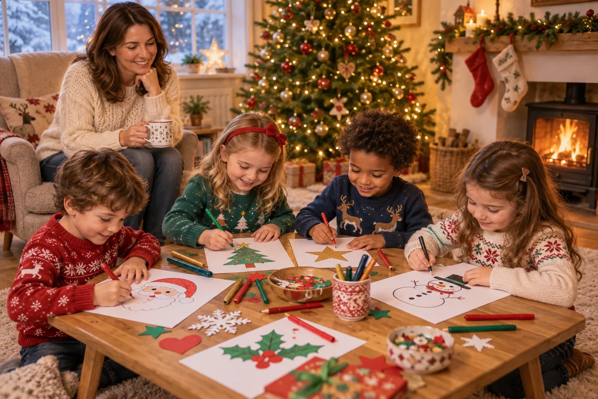 Four children drawing at a low table with adult supervision Four children drawing at a low table with adult supervision