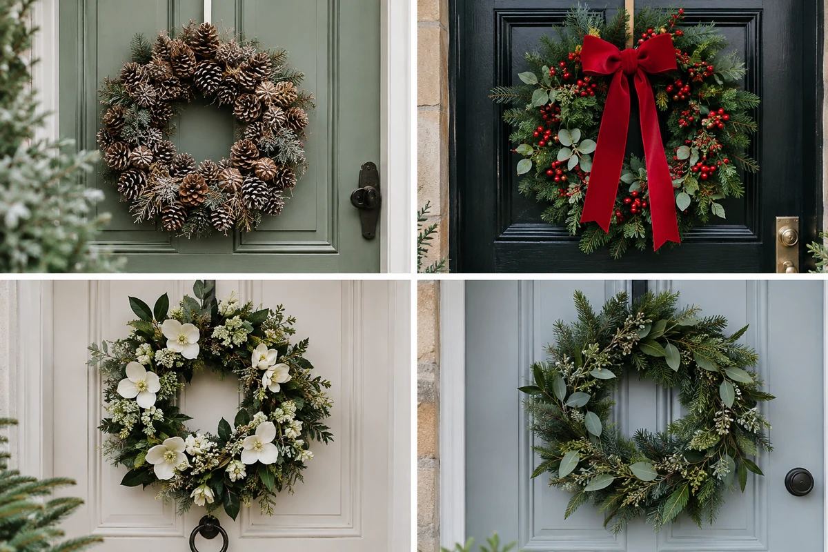 Four different Christmas wreaths displayed on doors
