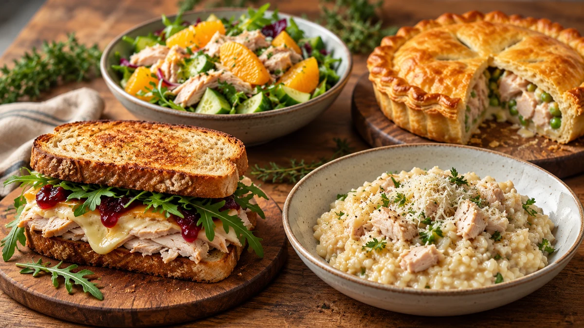 Four leftover turkey dishes sandwich citrus salad pastry pie and risotto