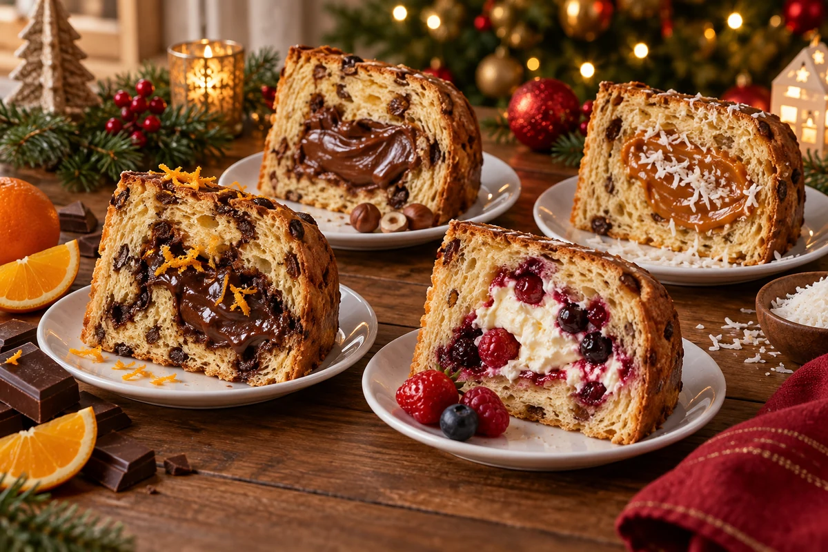 Four panettone slices with different sweet fillings