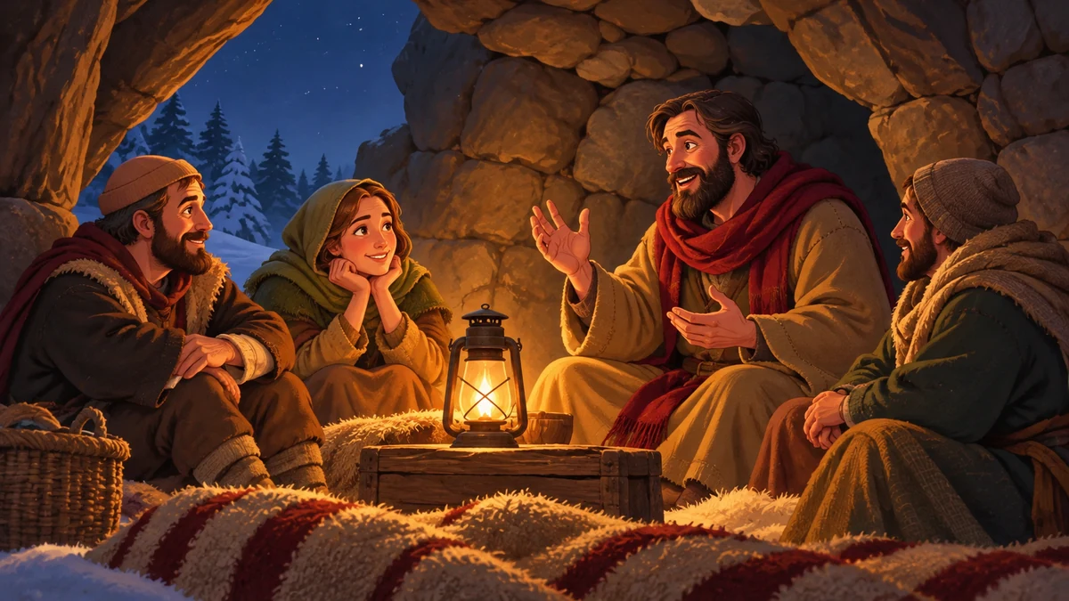 Four people listening to a story in a rustic shelter