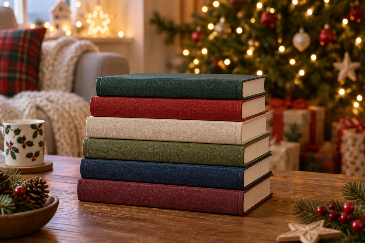 Four plain books stacked beside a mug and Christmas lights