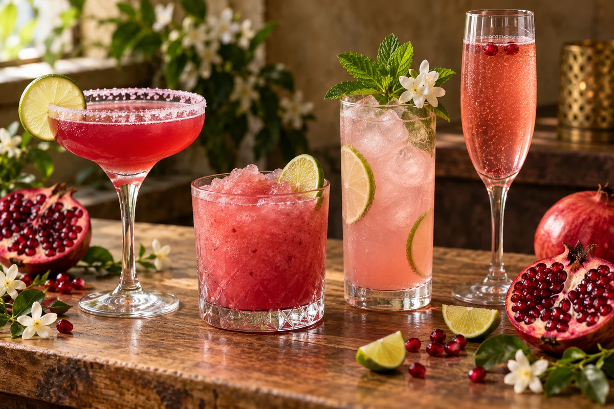 Four pomegranate cocktail variations in different glasses