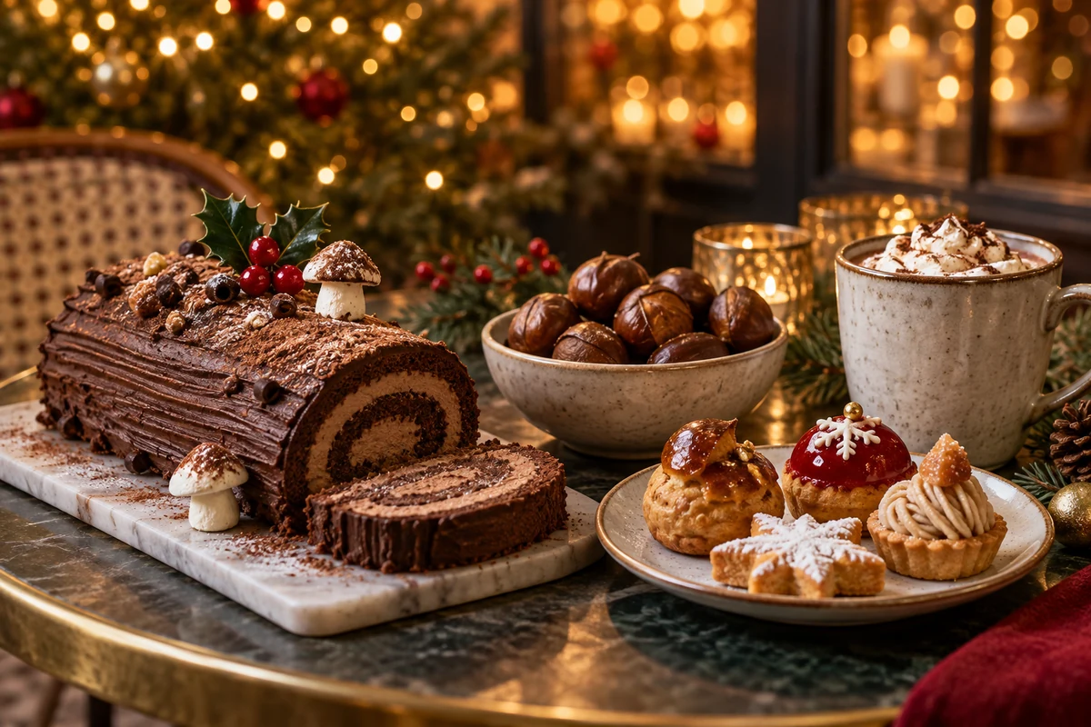 French Christmas cake, pastries and hot chocolate on a cafe table
