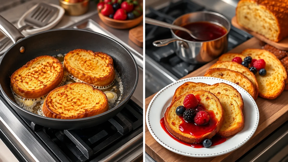 French toast cooking in a pan and served with berry sauce