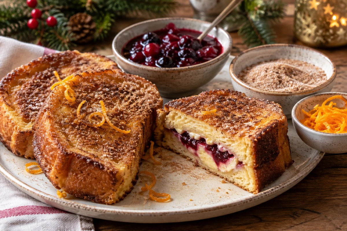 French toast with fruit compote and a filled bread sandwich