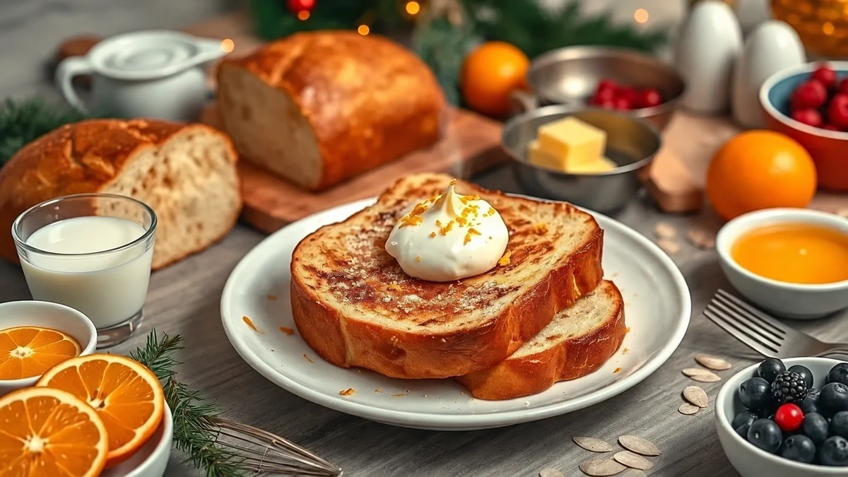 French toast with mascarpone and orange zest beside bread and milk