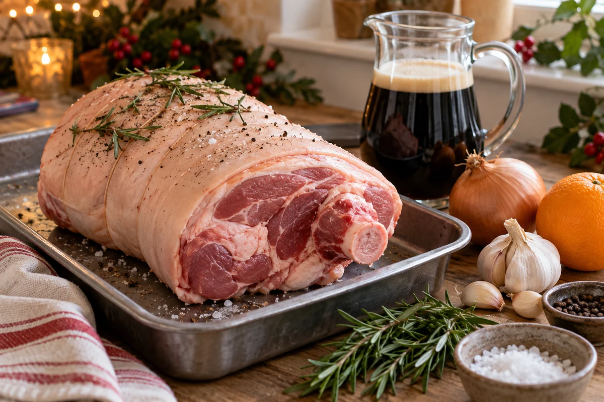 Fresh bone-in pork leg joint on a tray with dark beer in a plain jug, onion, garlic and orange