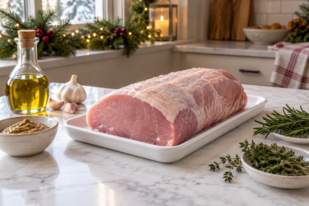 Fresh boneless pork loin with separate seasoning ingredients