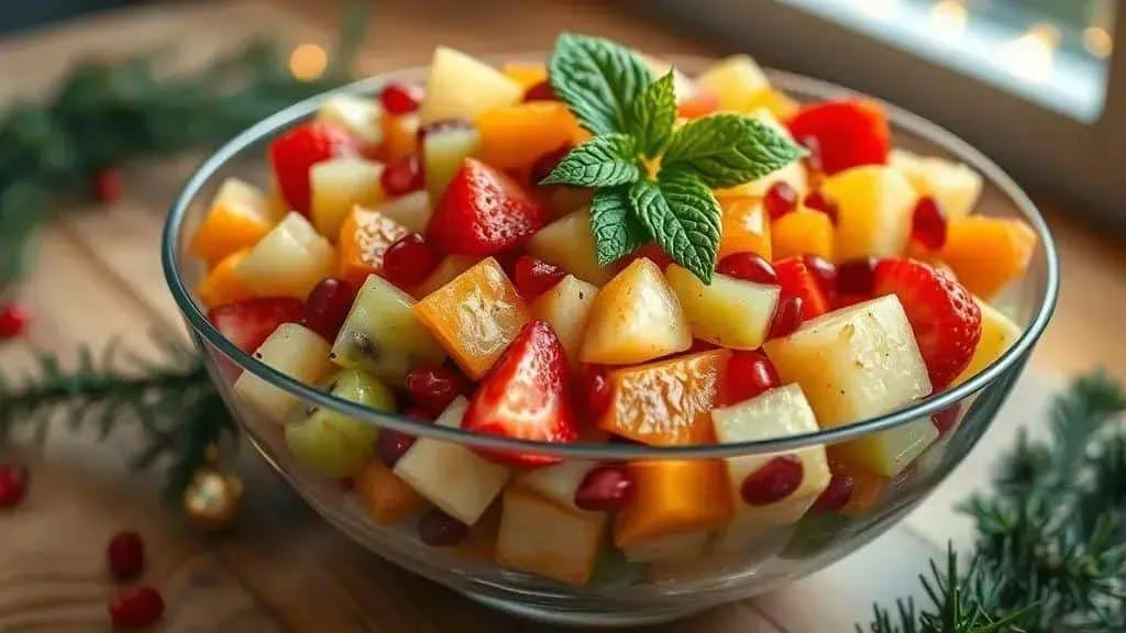Fresh Christmas fruit salad topped with mint