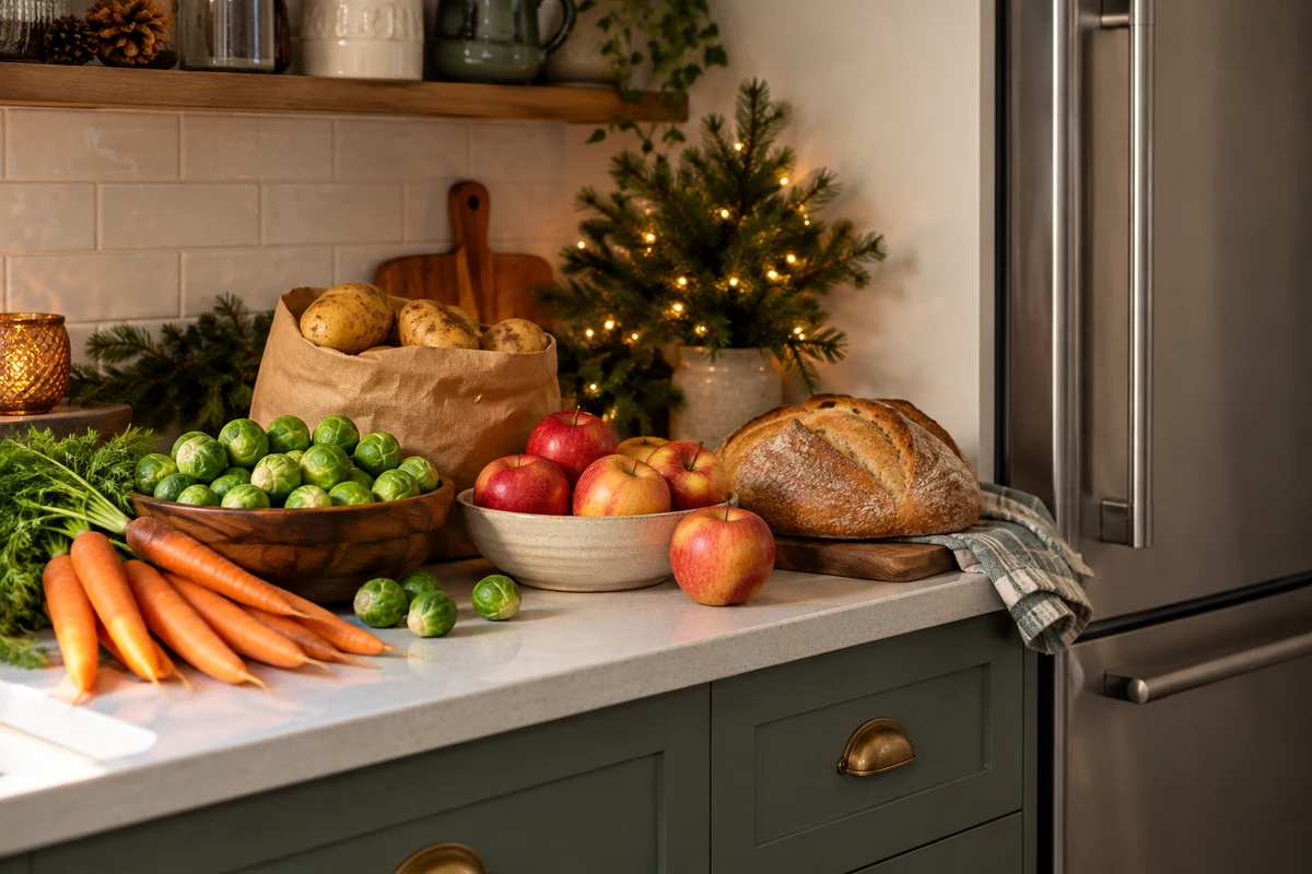 Fresh Christmas groceries beside a closed refrigerator