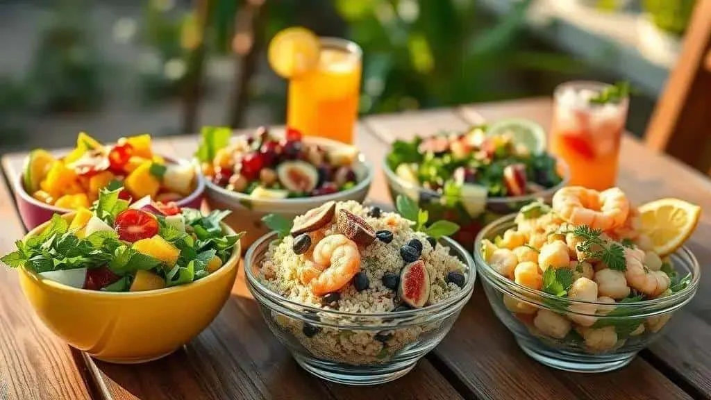 Fresh festive salads arranged on a Christmas table